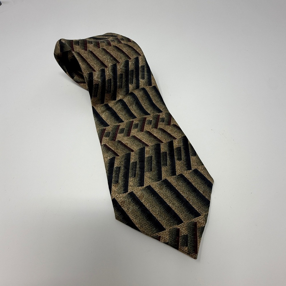 Roffe Accessories Mens Silk Tie Geometric Abstract Gold Olive Green Black Woven